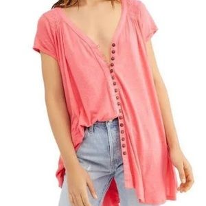 Free People Highland Button Tee Linen High Low Tunic Boho Beach Coastal Casual